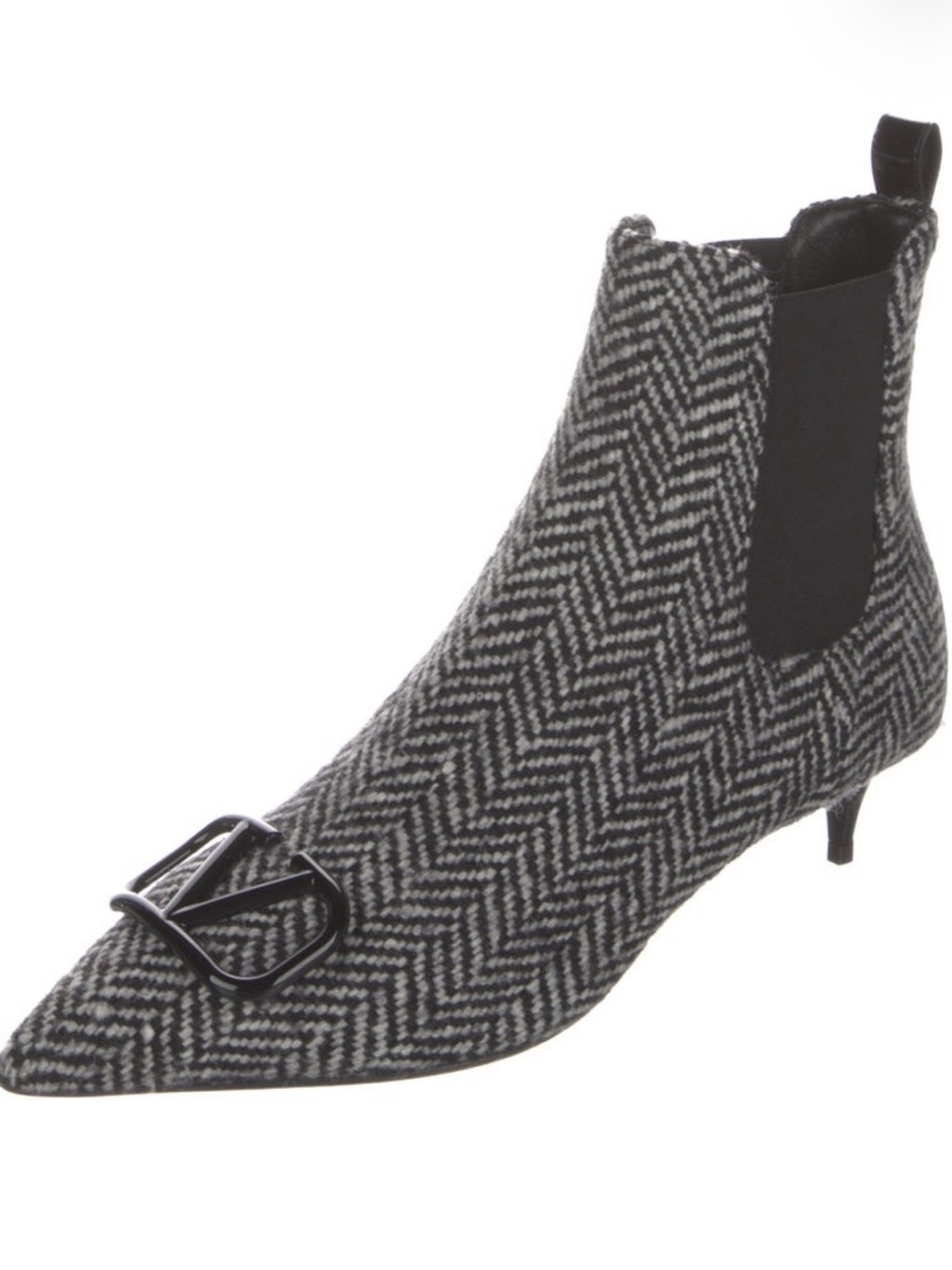 Valentino Black & Gray Herringbone Pointed Chelsea Bootie with Buckle